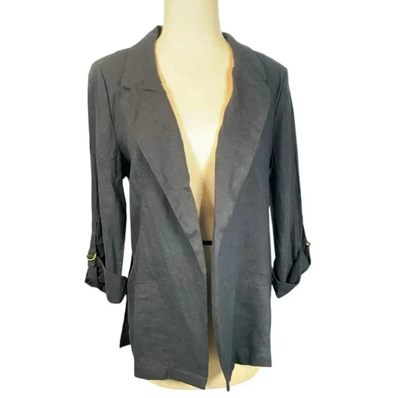 Ellen Tracy Open Front Linen Blend Blazer Size Medium Navy Blue Gold Ring - Picture 4 of 12